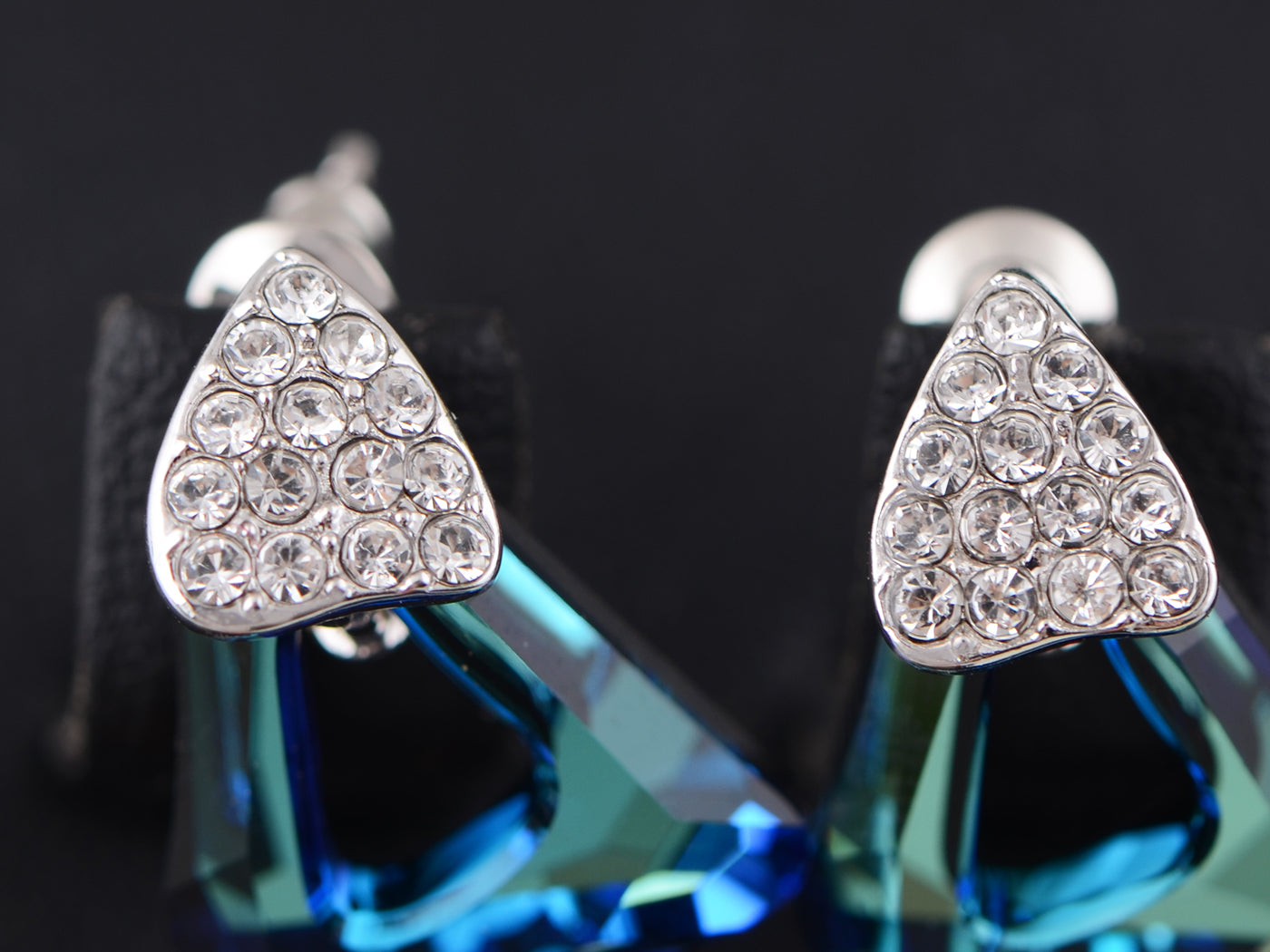 Swarovski Crystal Element Silver Teal Blue Colored Abstract Triangle Art Stud Earrings