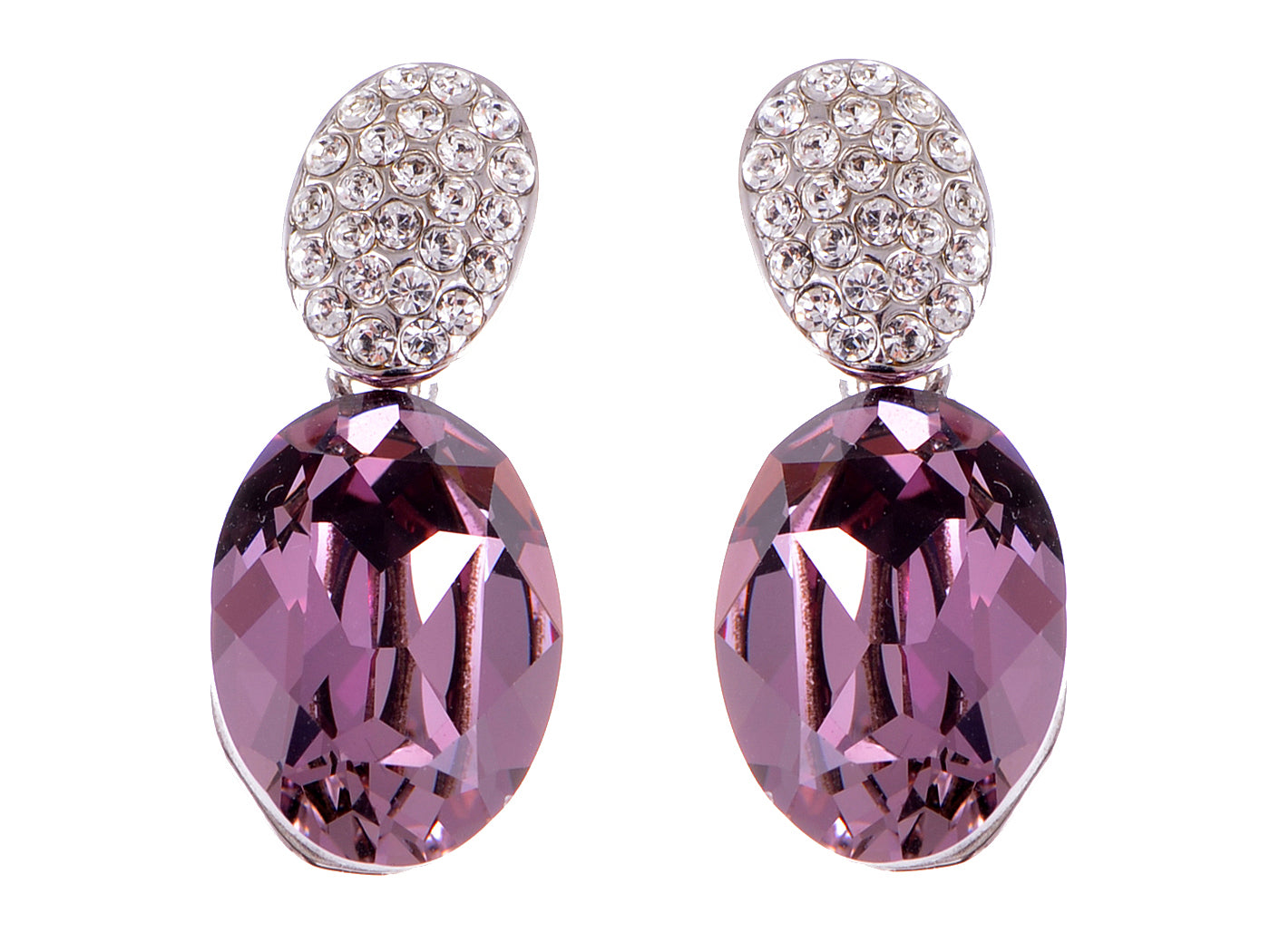 Swarovski Crystal Element Silver Amethyst Purple Colored Oval Stud Earrings