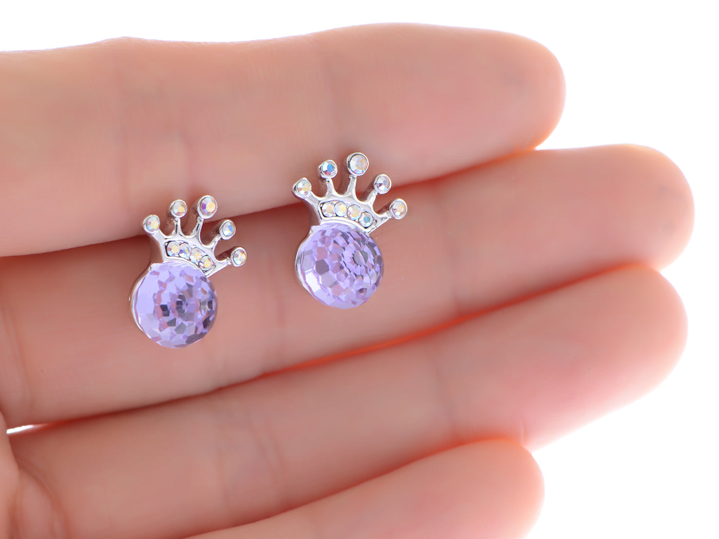 Swarovski Crystal Element Silver Violet Purple Colored Sphere Ball Crown Stud Earrings