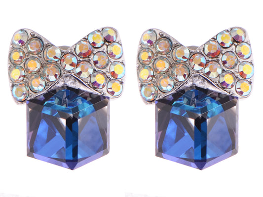 Swarovski Crystal Element Silver Sapphire Blue Colored Cube Bow Ribbon Stud Earrings