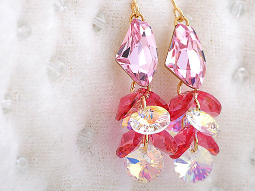 Swarovski Crystal Element Silver Rose Pink Colored Cluster Gems Fish Hook Dangle Earrings