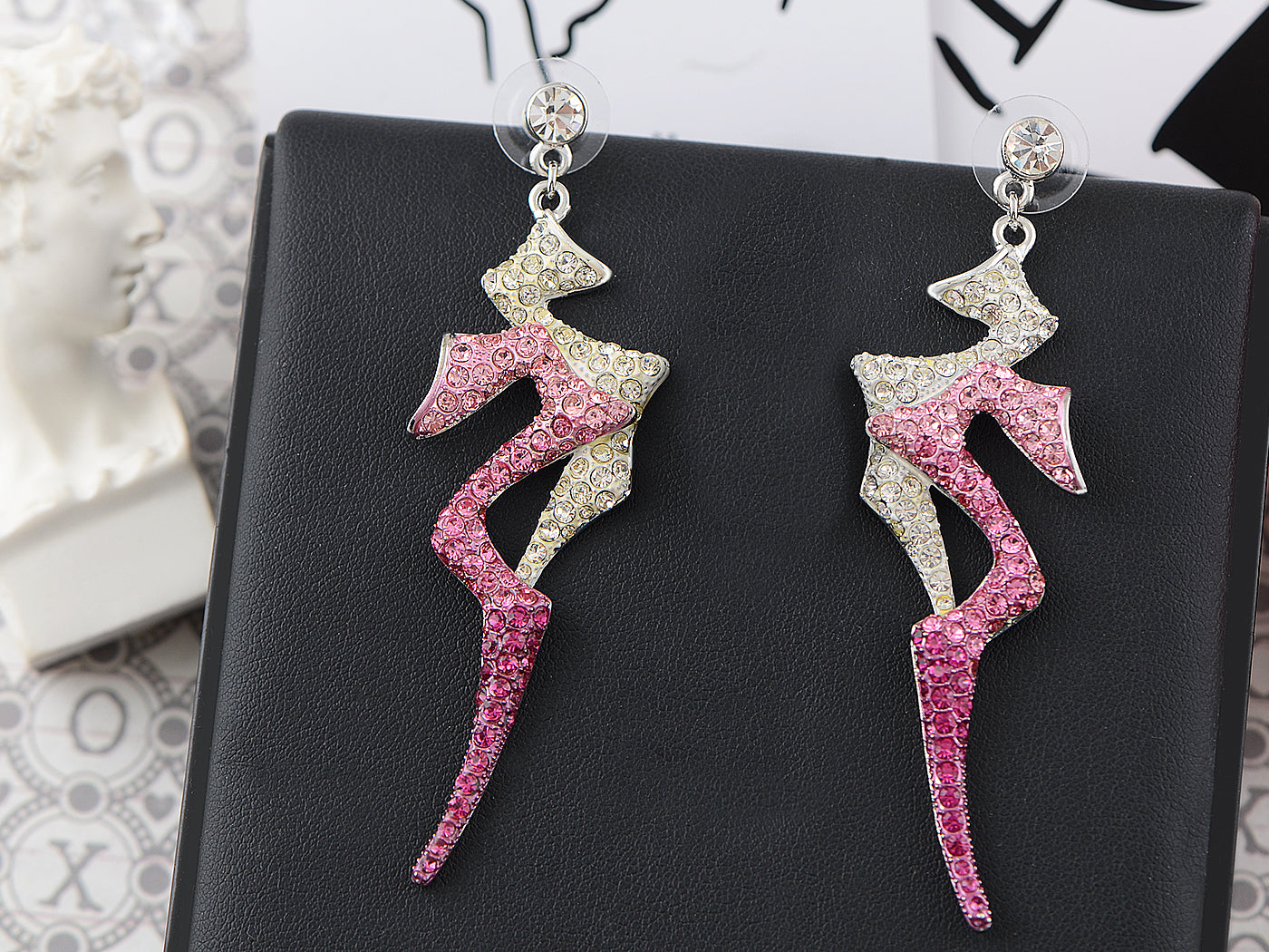 Swarovski Crystal Element Silver Pink Retro Lightening Bolt Dangle Earrings
