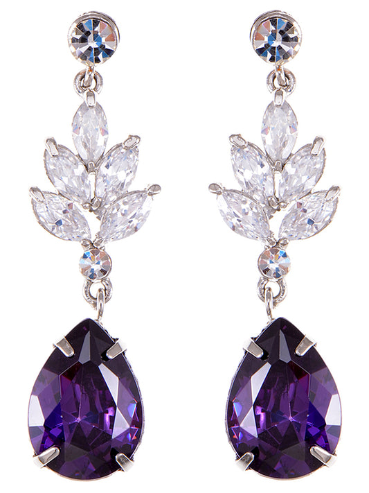 Swarovski Crystal Element Silver Purple Teardrop Leaf Dangle Earrings