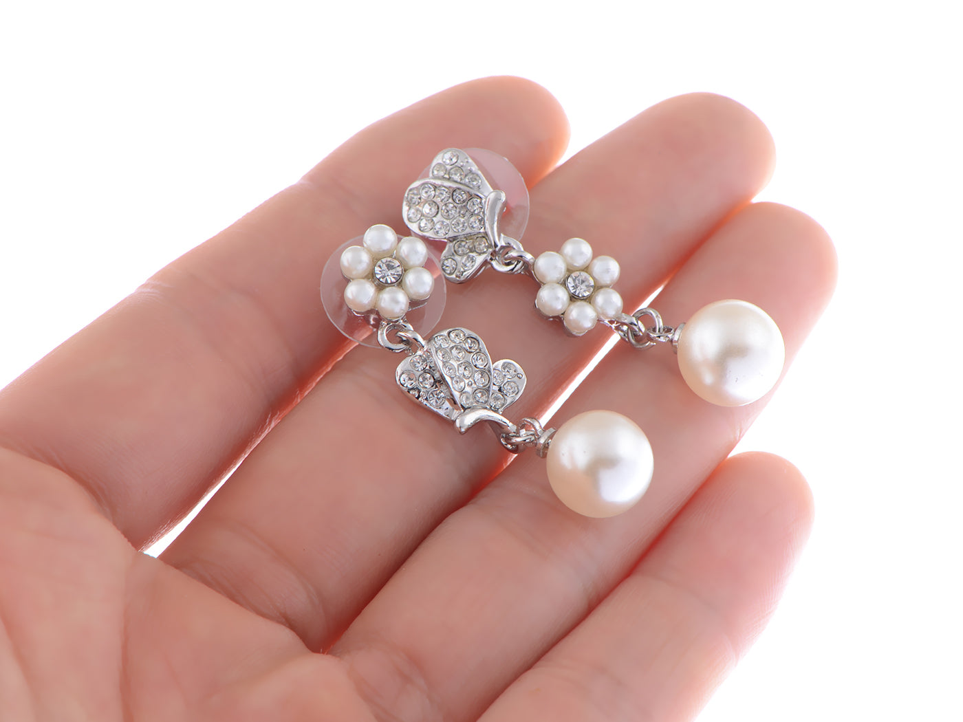 Swarovski Crystal Element Silver Pearl Butterfly Flower Dangle Earrings