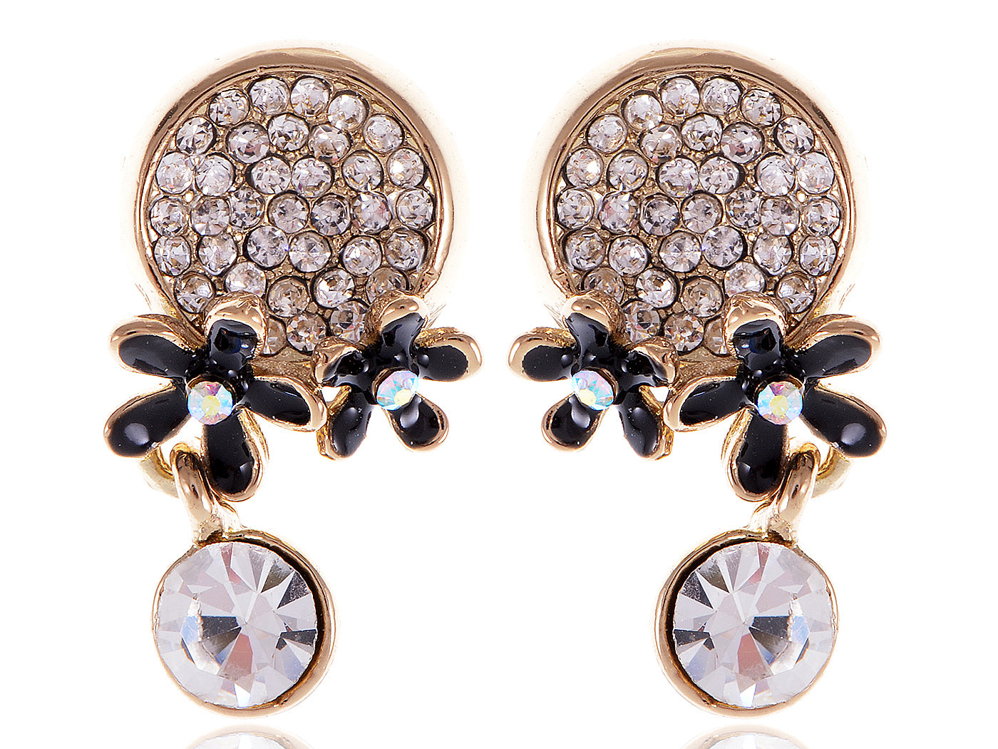 Swarovski Crystal Black Enamel Flowers Stud Earrings