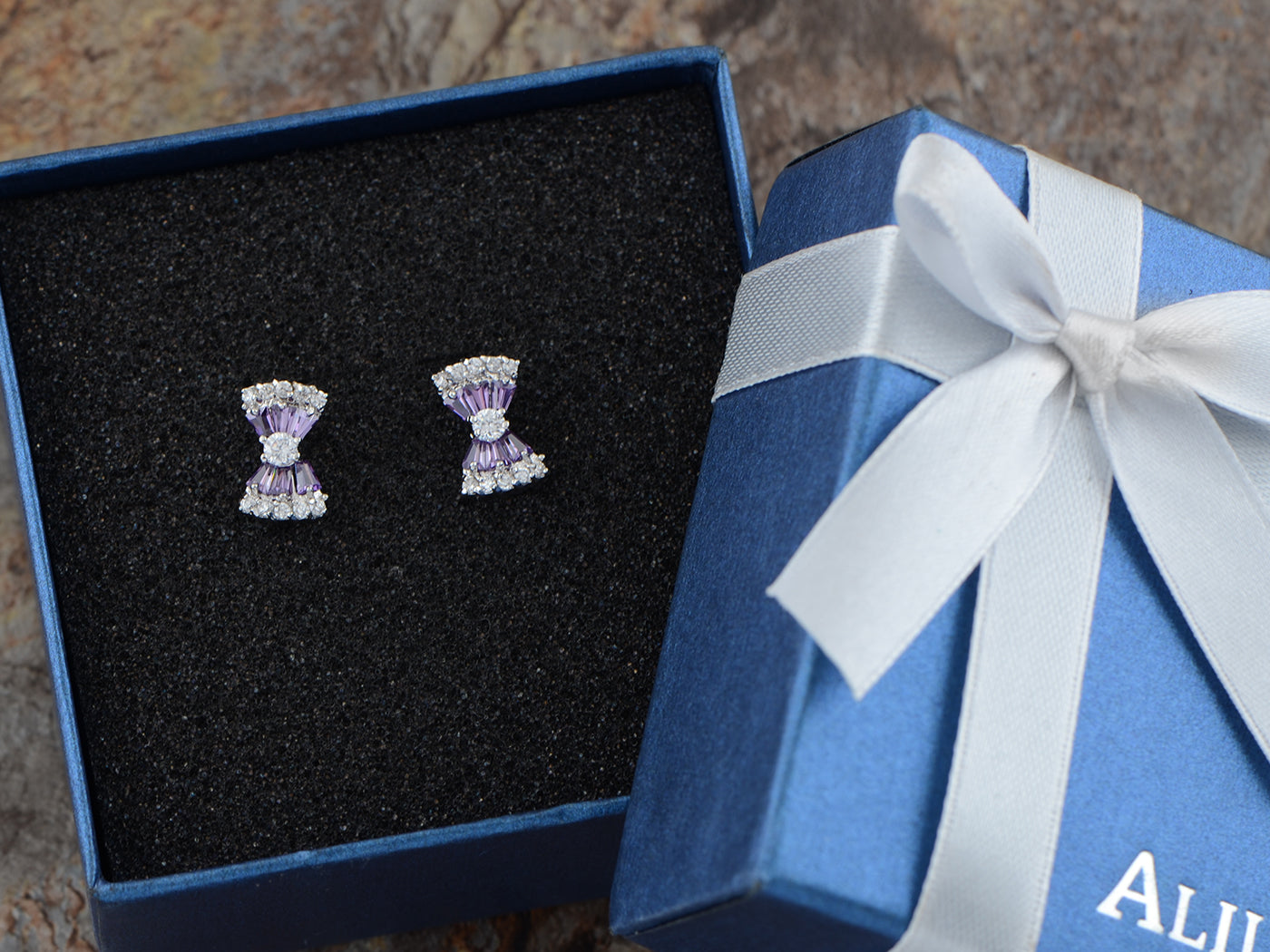 Swarovski Crystal Element Silver Purple Vertical Bow Ribbon Tie Stud Earrings