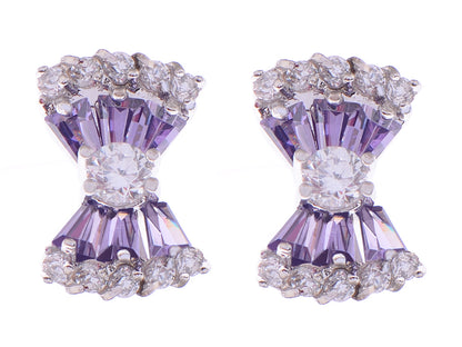 Swarovski Crystal Element Silver Purple Vertical Bow Ribbon Tie Stud Earrings