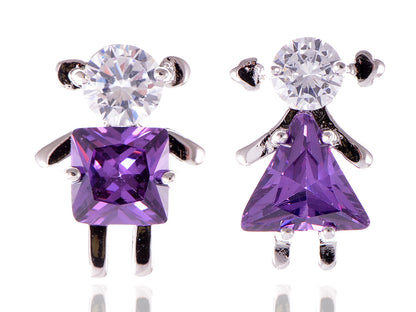 Swarovski Crystal Element Silver Purple Girl Boy Square Triangle Stud Earrings