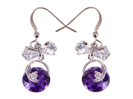 Swarovski Crystal Element Silver Purple Bow Ribbon Fish Hook Dangle Earrings