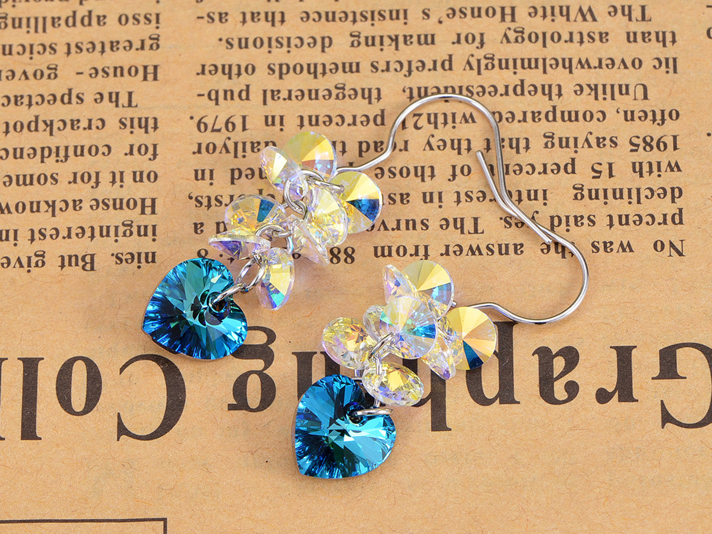 Swarovski Crystal Element Silver Blue Heart Aurora Borealis Colored Cluster Dangle Earrings