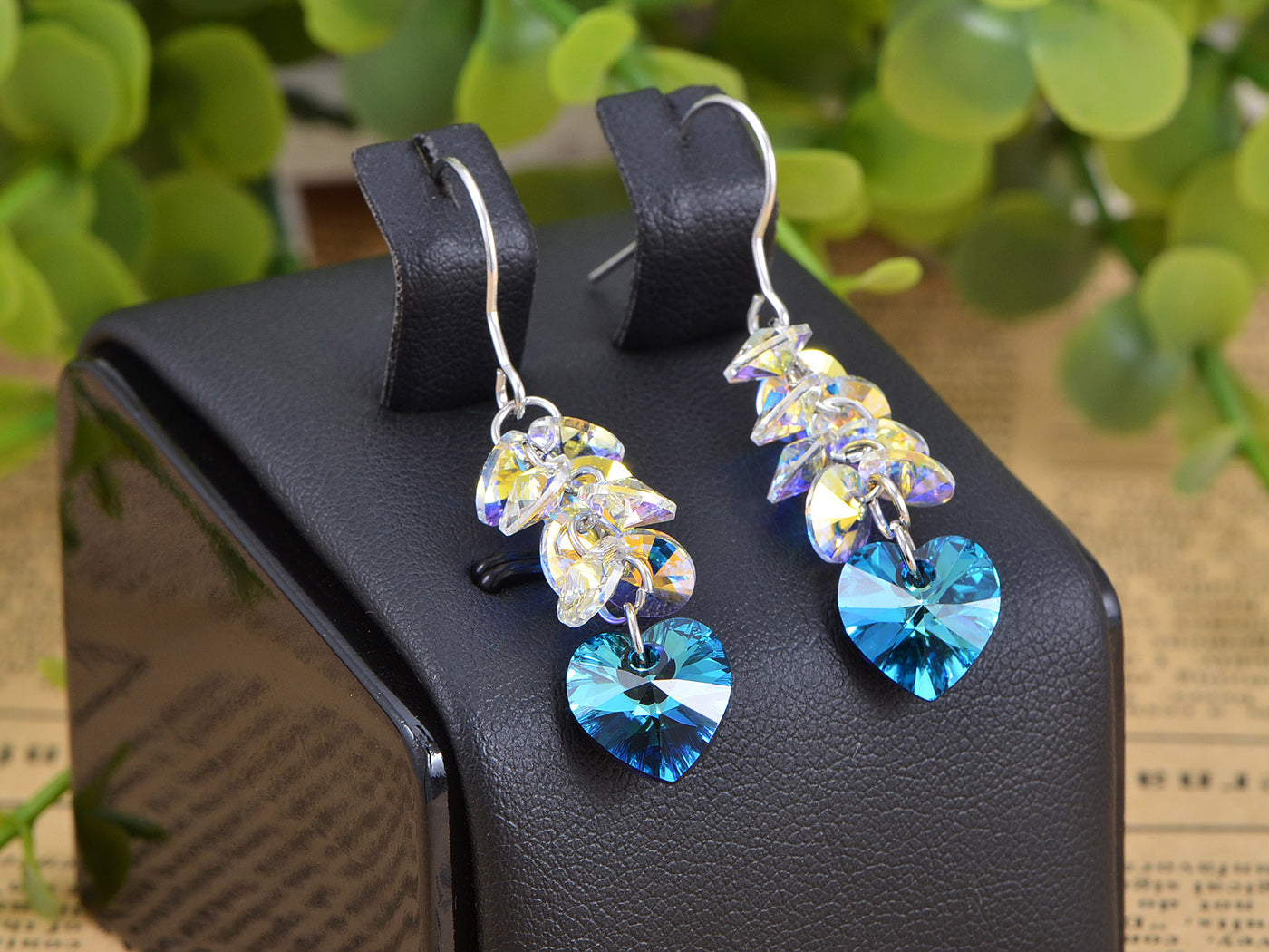 Swarovski Crystal Element Silver Blue Heart Aurora Borealis Colored Cluster Dangle Earrings