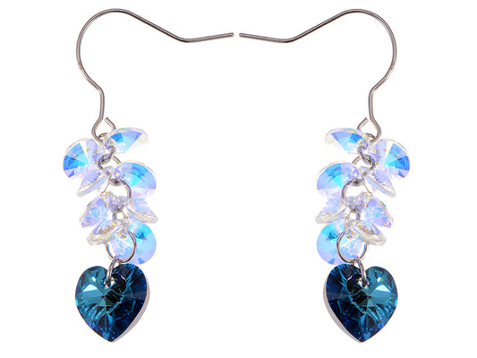 Swarovski Crystal Element Silver Blue Heart Aurora Borealis Colored Cluster Dangle Earrings