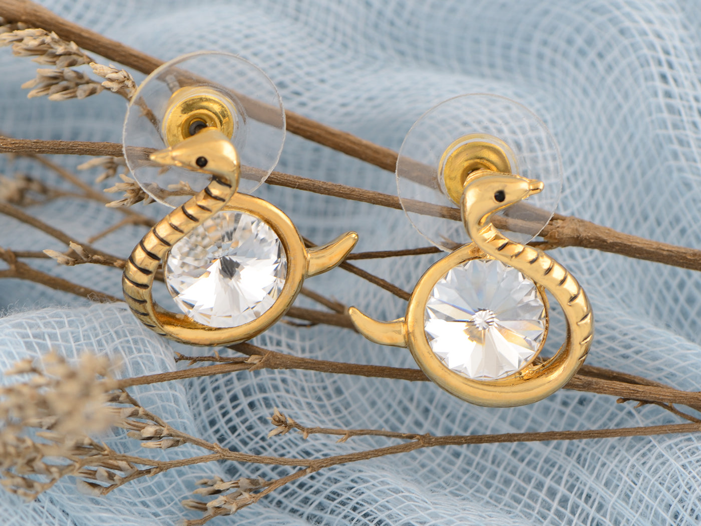 Swarovski Crystal Element Gold Colored Circle Gems Swan Bird Stud Earrings