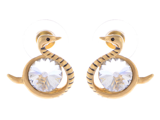 Swarovski Crystal Element Gold Colored Circle Gems Swan Bird Stud Earrings