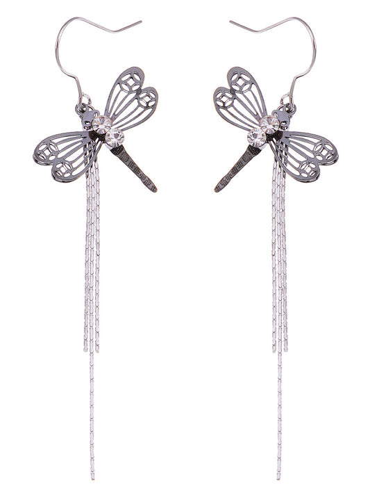 Swarovski Crystal Element Silver Black Dragonfly Long Fish Hook Dangle Drop Earrings