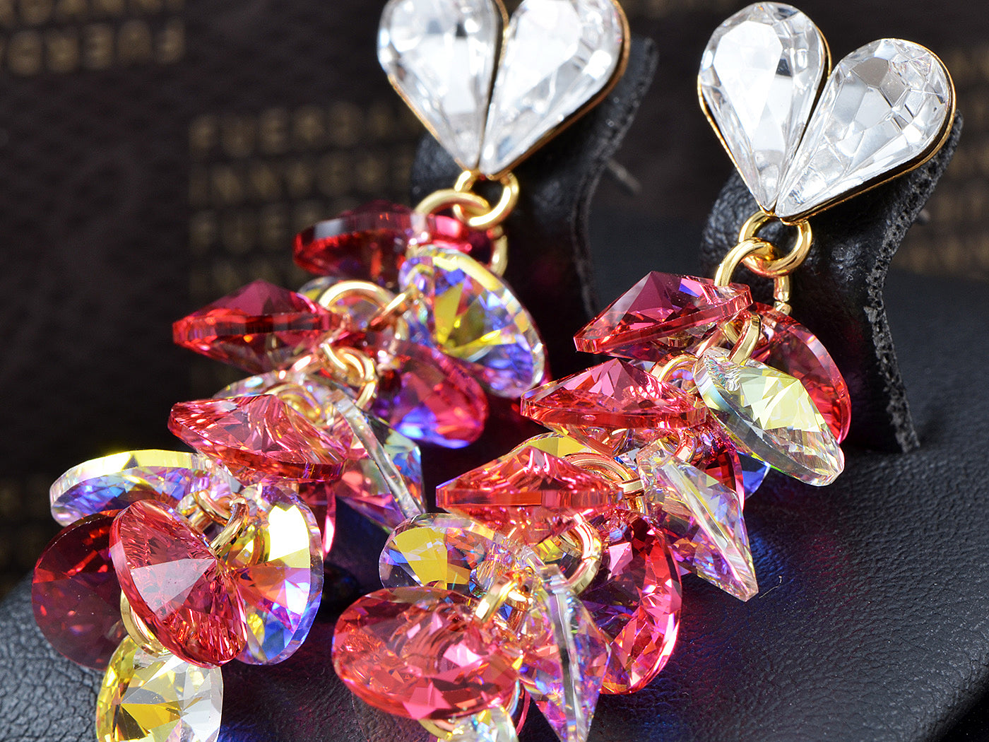 Swarovski Crystal Element Gold Rose Pink Colored Heart Cluster Dangle Earrings