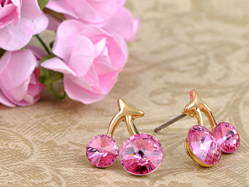 Swarovski Crystal Element Gold Rose Pink Colored Cherry Fruit Mini Stud Earrings