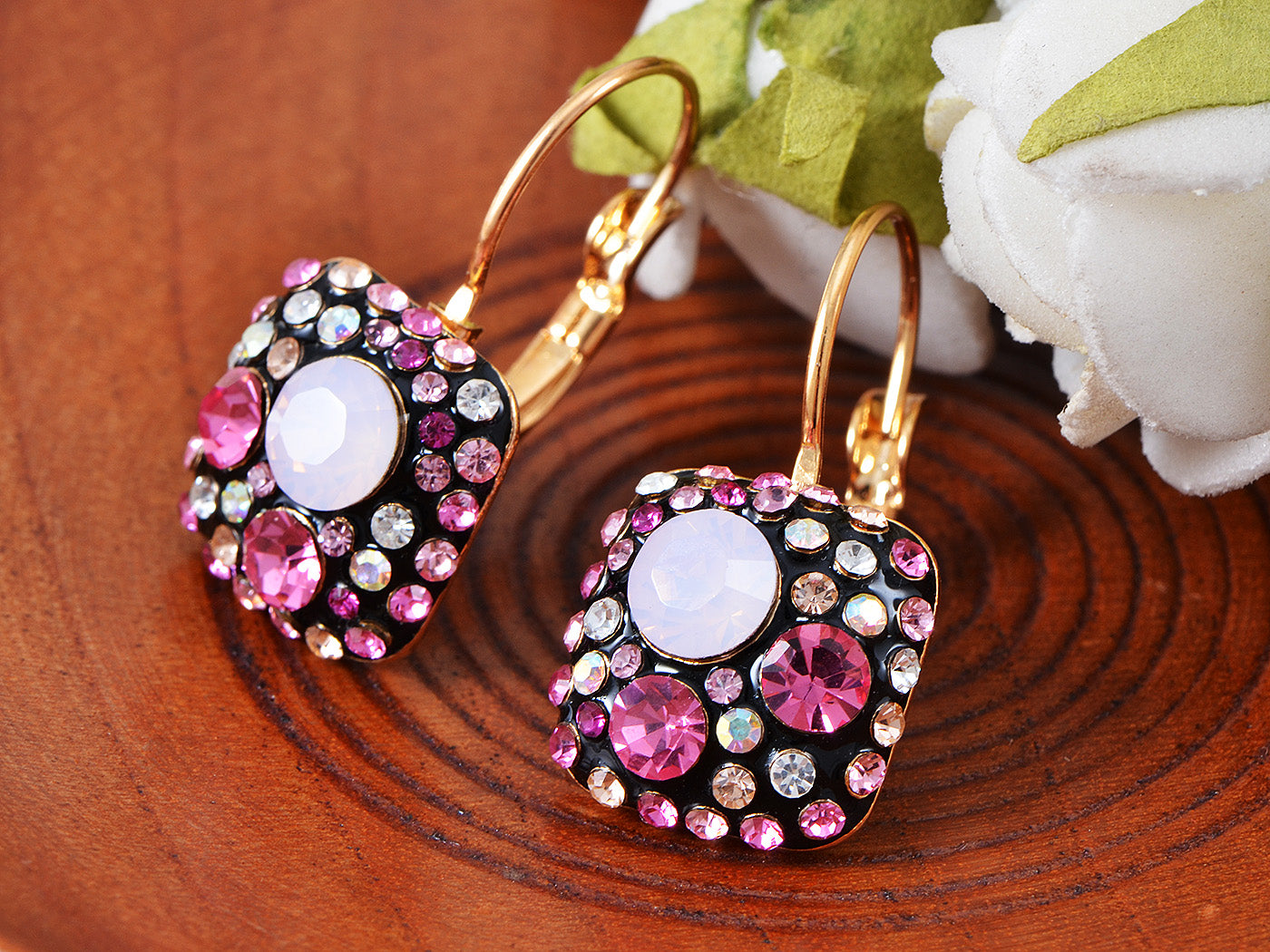 Swarovski Crystal Element Gold Pink Black Chocolate Square Dangle Earrings