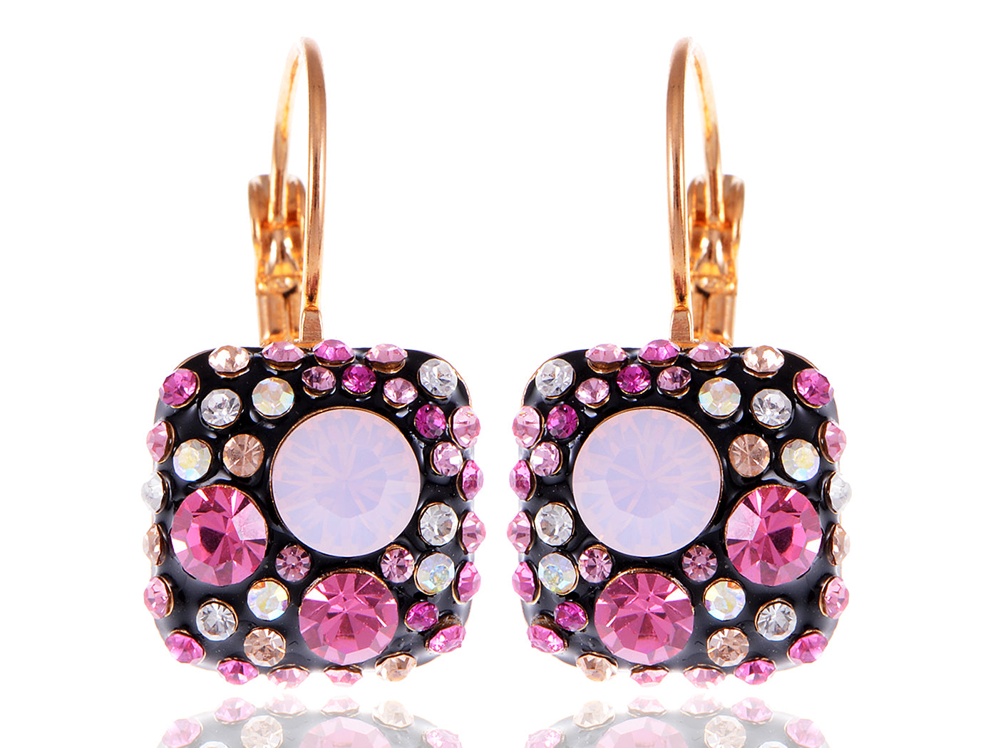 Swarovski Crystal Element Gold Pink Black Chocolate Square Dangle Earrings
