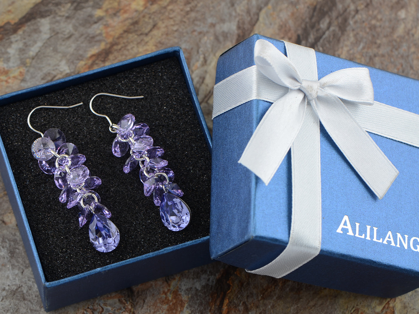 Purple Swarovski Crystal Teardrop Beads Cluster Hook Dangle Earrings
