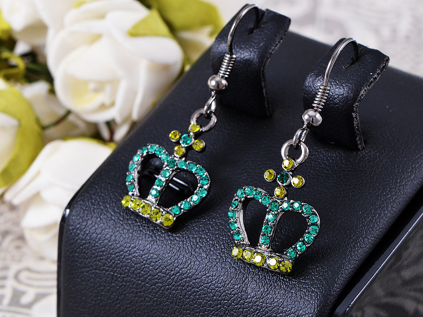 Cz Element Silver Emerald Green Queen Crown Hook Dangle Earrings