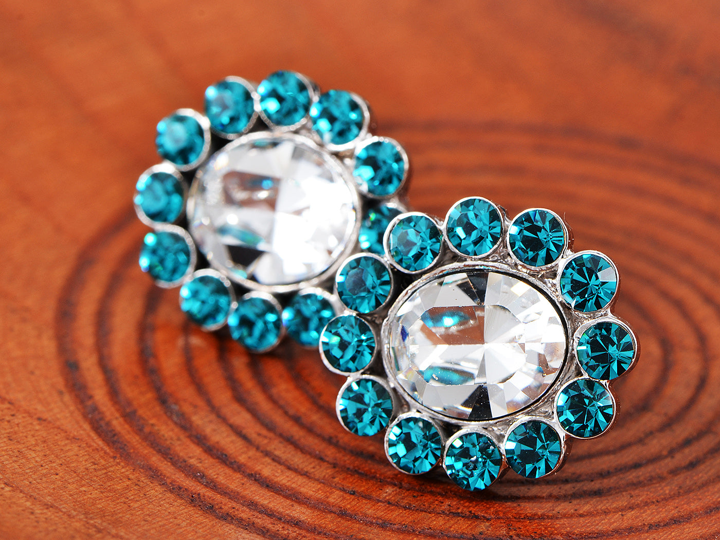 Swarovski Crystal Element Silver Zircon Blue Colored Floral Flower Petal Stud Earrings