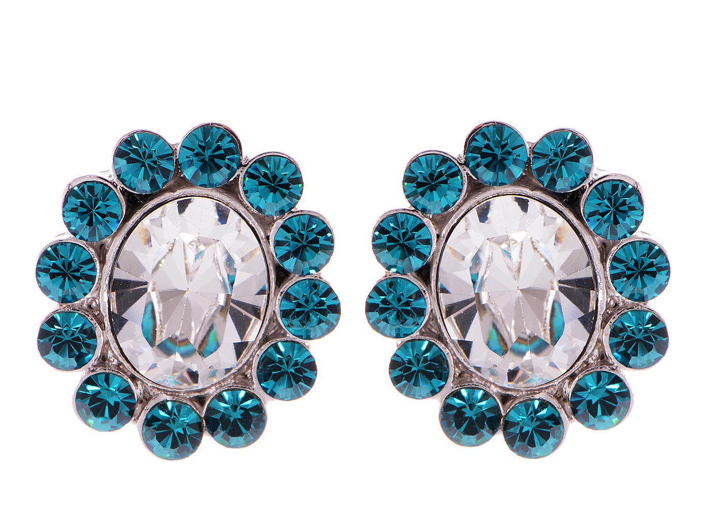Swarovski Crystal Element Silver Zircon Blue Colored Floral Flower Petal Stud Earrings