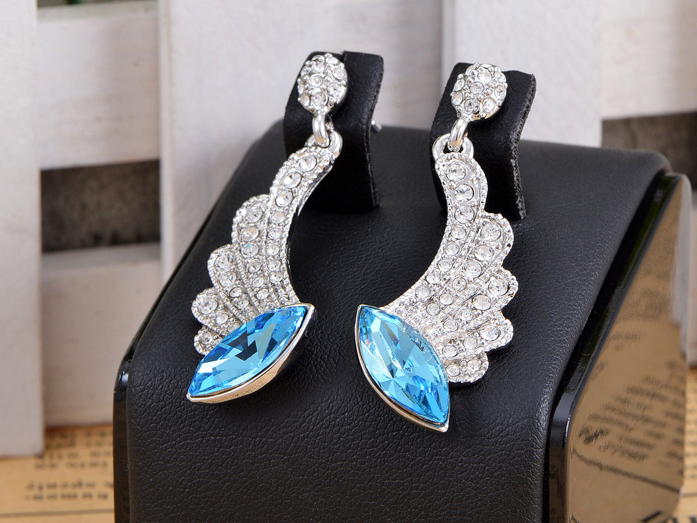 Swarovski Crystal Element Silver Blue Marquise Cut Angel Wing Dangle Earrings