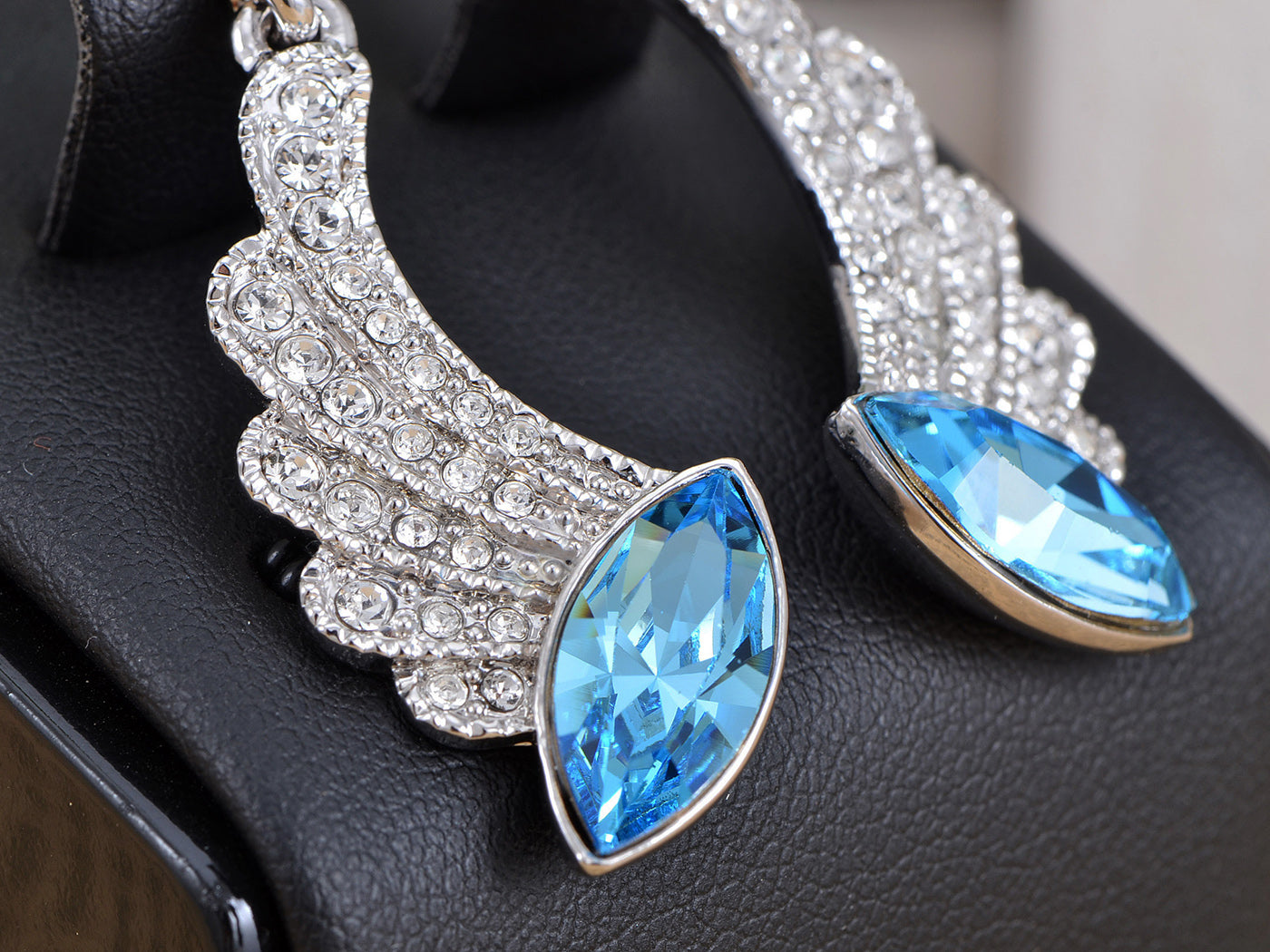 Swarovski Crystal Element Silver Blue Marquise Cut Angel Wing Dangle Earrings