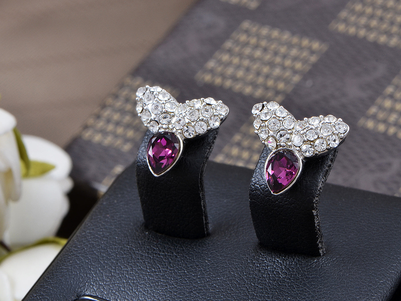 Swarovski Crystal Element Silver Amethyst Purple Colored Contemporary Petal Stud Earrings