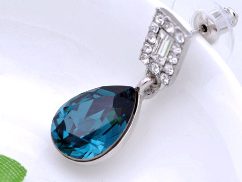 Swarovski Crystal Element Silver Blue Teardrop Rectangle Dangle Earrings