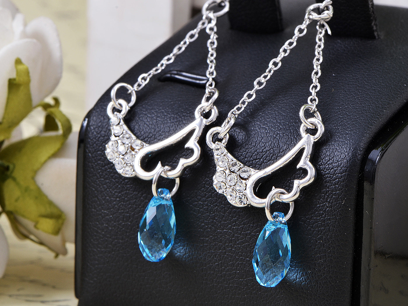 Swarovski Crystal Element Silver Light Blue Angel Wings Chandelier Dangle Earrings
