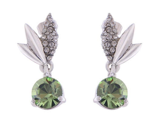 Swarovski Crystal Element Silver Green Circle Leaf Wing Dangle Earrings