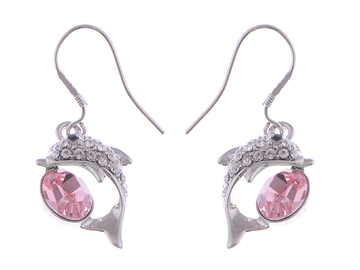 Swarovski Crystal Element Silver Pink Sea Dolphin Fish Hook Dangle Earrings