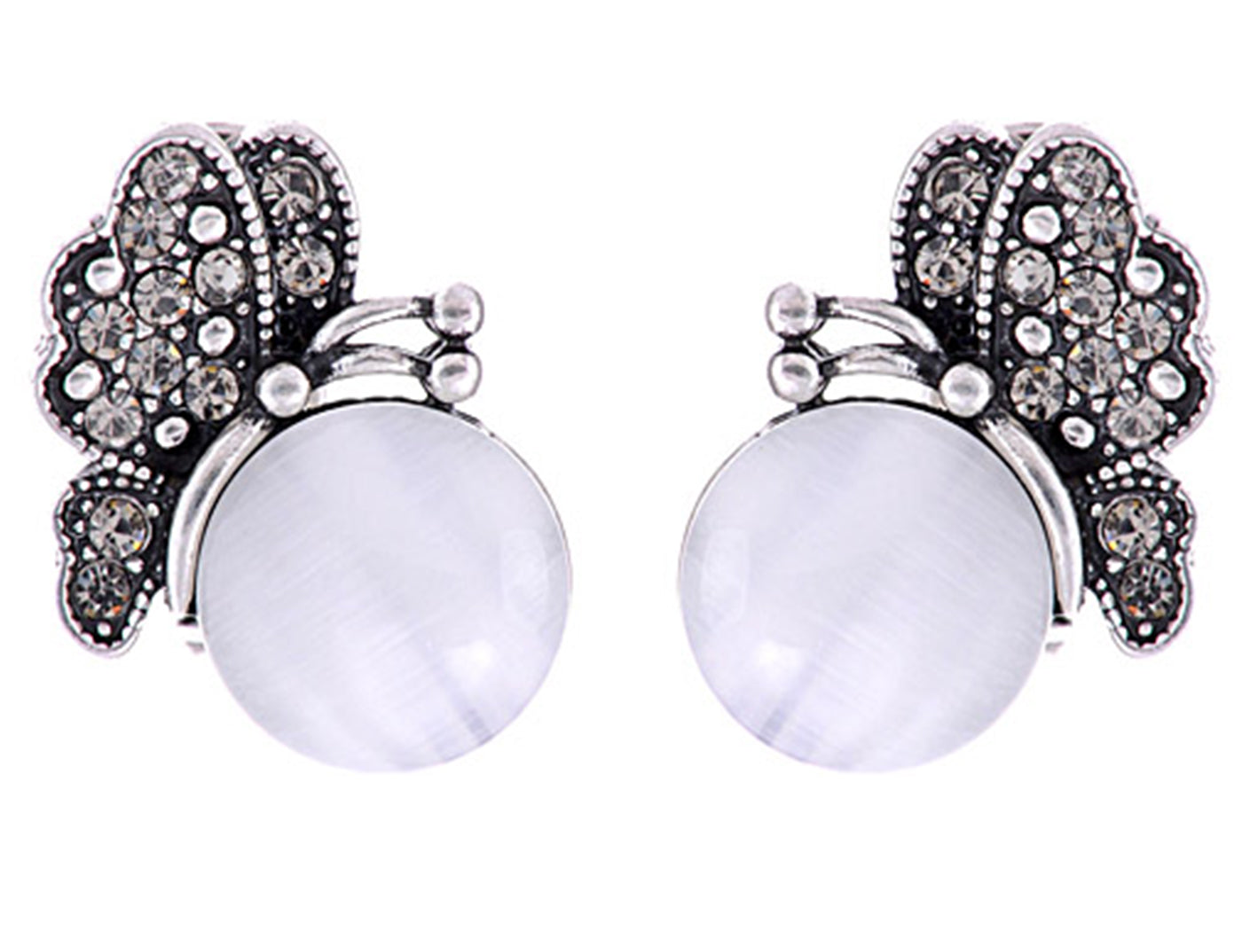 Swarovski Crystal Element Antique Silver White Cat Eye Butterfly Stud Earrings