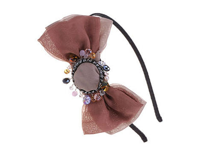 Brown Taupe Chiffon Fabric Bow Accent Beads Detail Headband Hair Piece