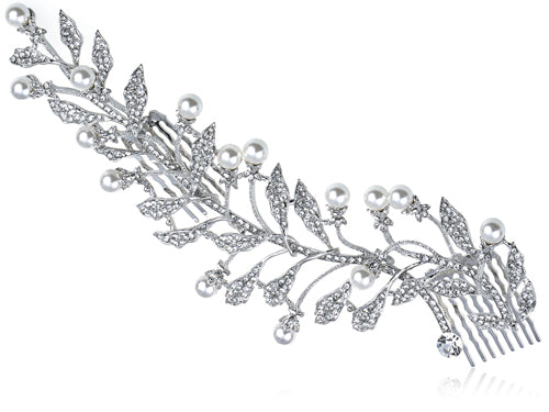 Czech Pearl Accented Leaf Branch Head Hair Comb