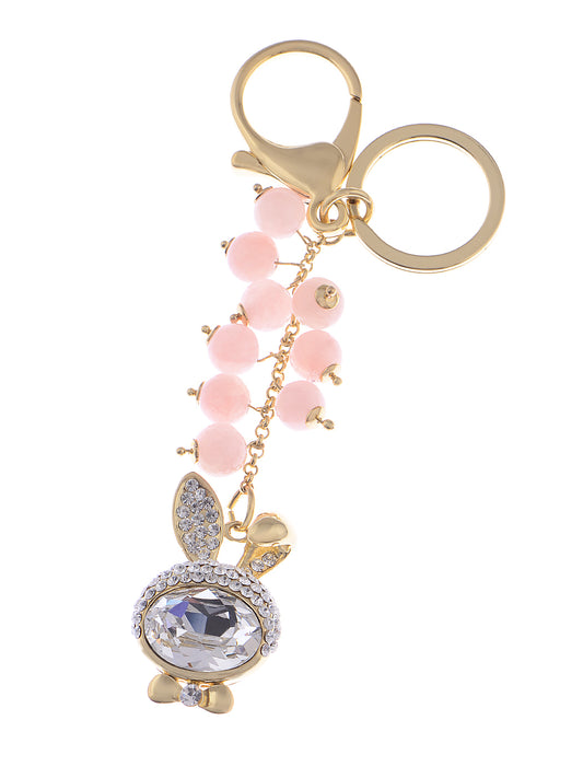 Pink Beaded Gold Lucky Bunny Rabbit Keychain