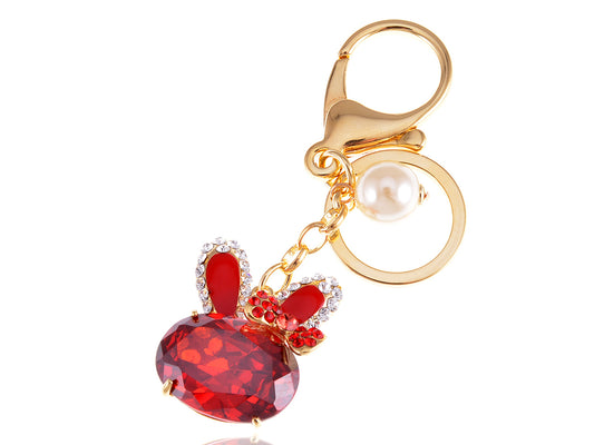 Swarovski Crystal Ruby Bunny Rabbit Bowtie Pearl Bead Keychain