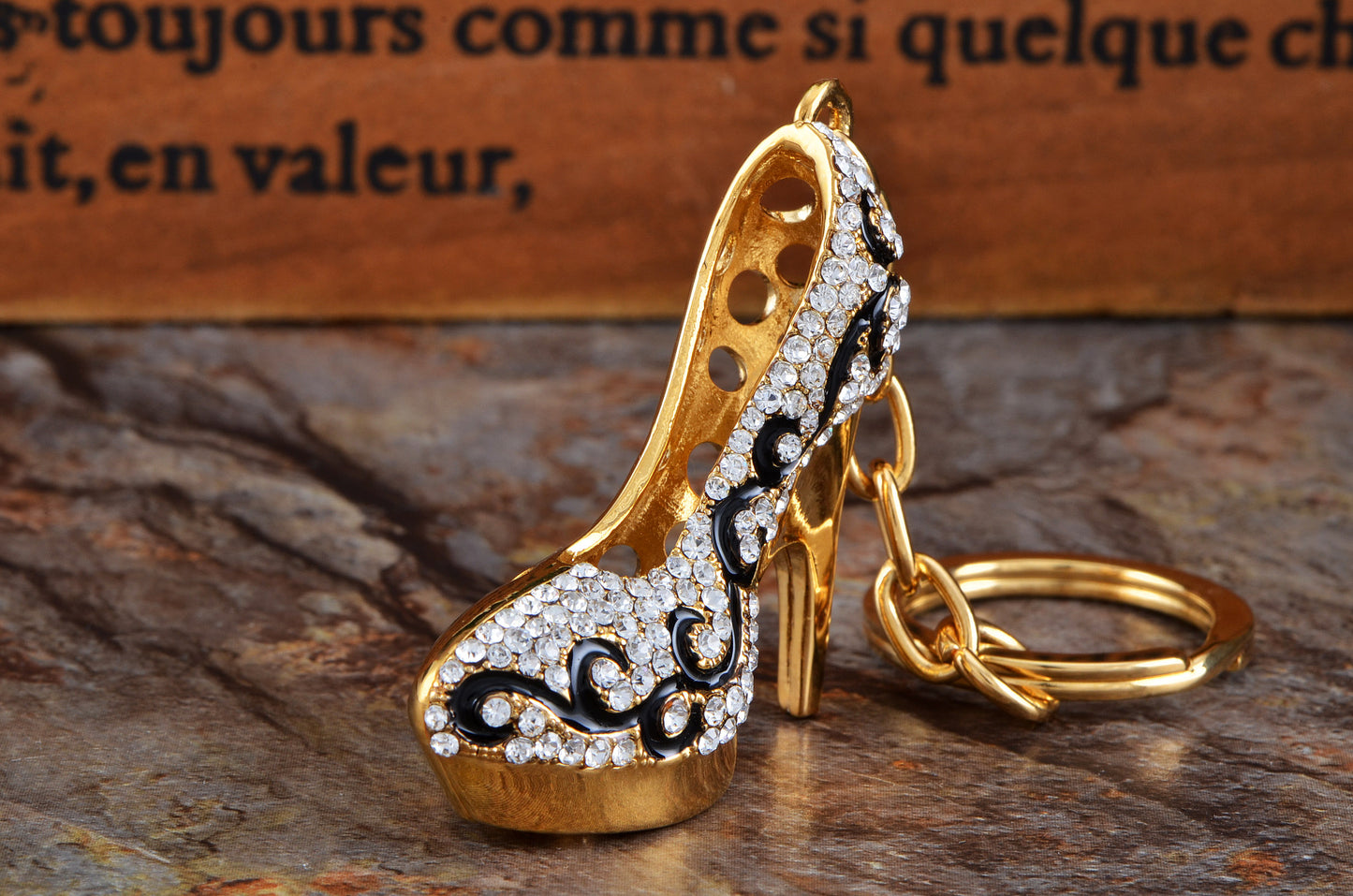 Gold Flourish Lady Stilleto Heel Shoe Keychain