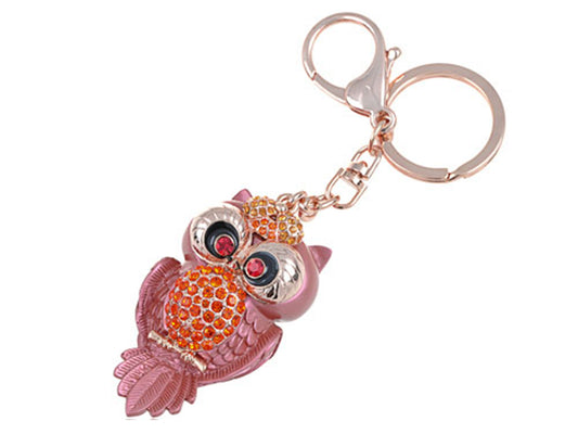 Bronze Cross Eye Ruby Indian Red Owl Perched On Mini Branch Keychain