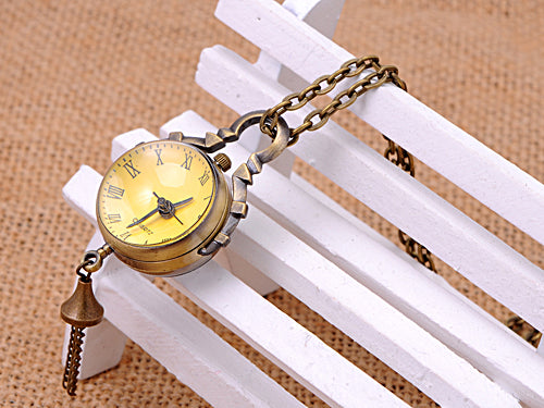 Pendant Style Hanging Clock Chain Necklace With A Brushed Brass Vintage Look