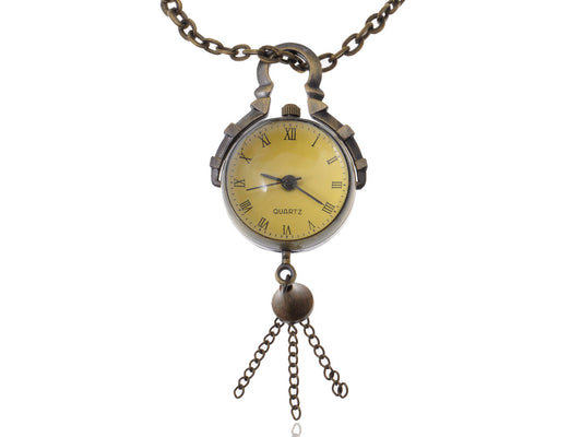 Pendant Style Hanging Clock Chain Necklace With A Brushed Brass Vintage Look