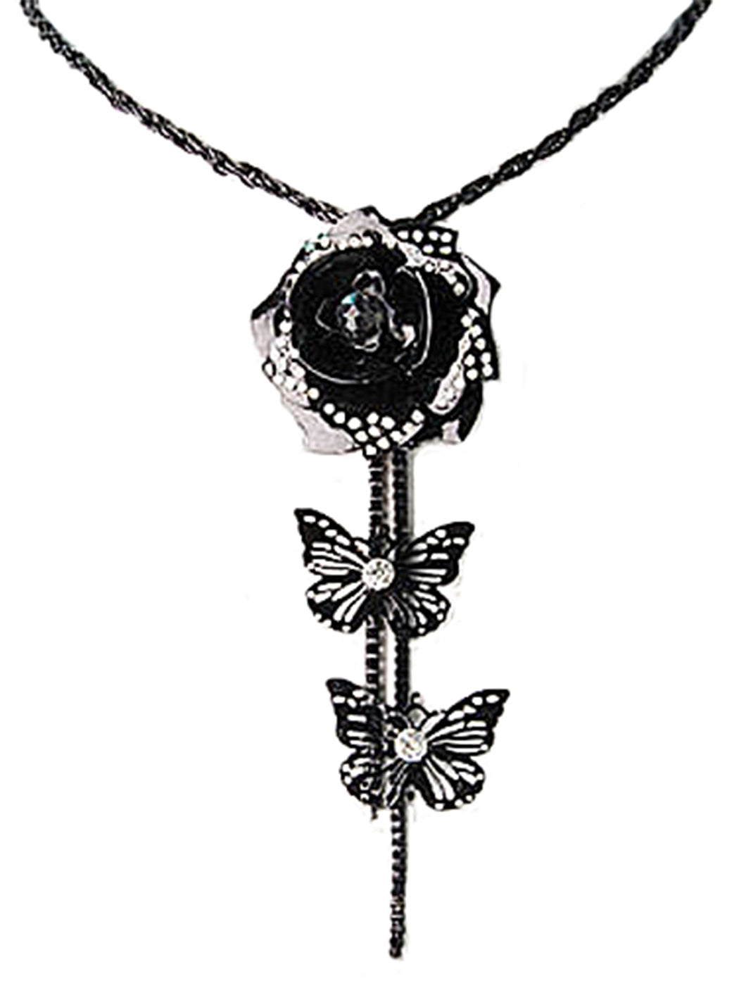Black 3D Rose Flower Butterfly Cut Out Tassel Necklace