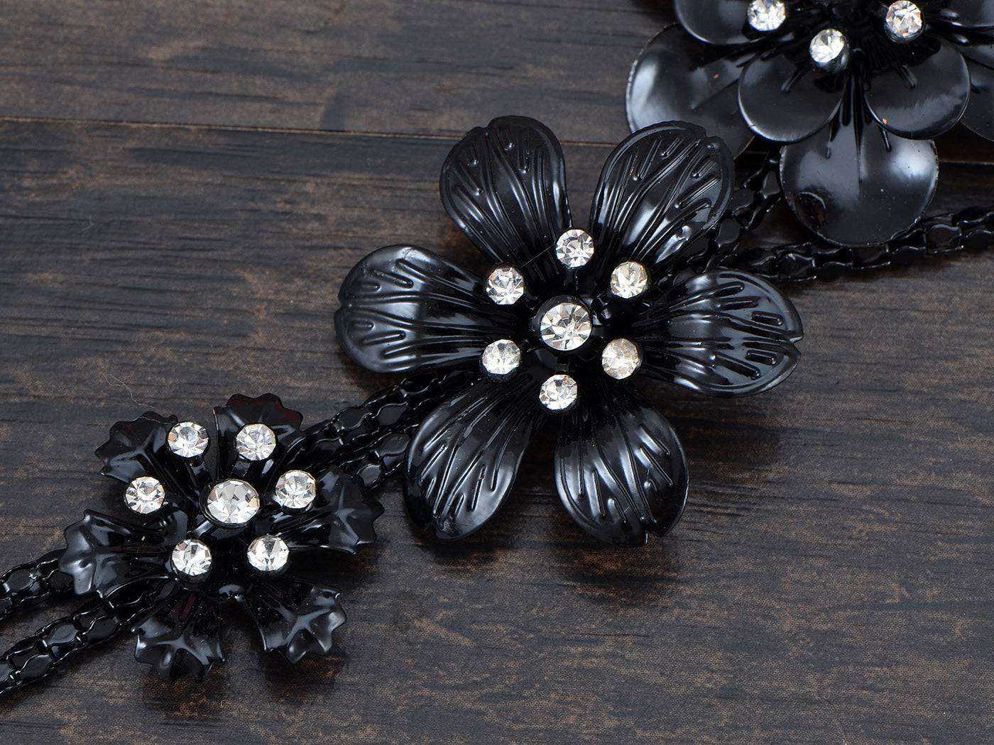 Black Chain Flower Trio Tassel Necklace