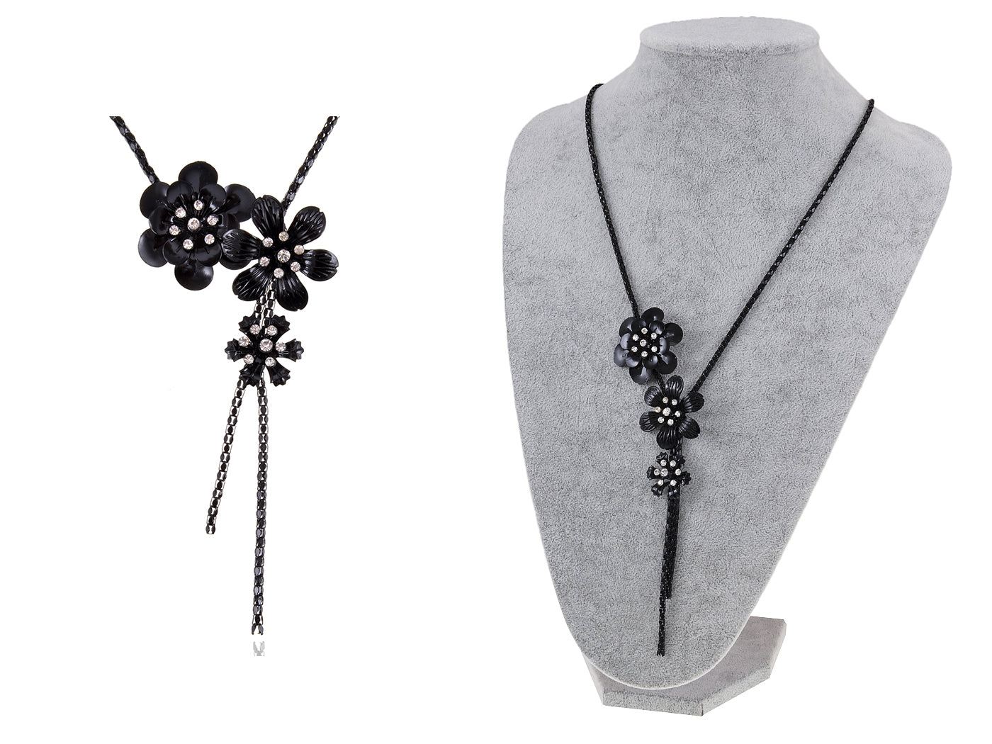 Black Chain Flower Trio Tassel Necklace