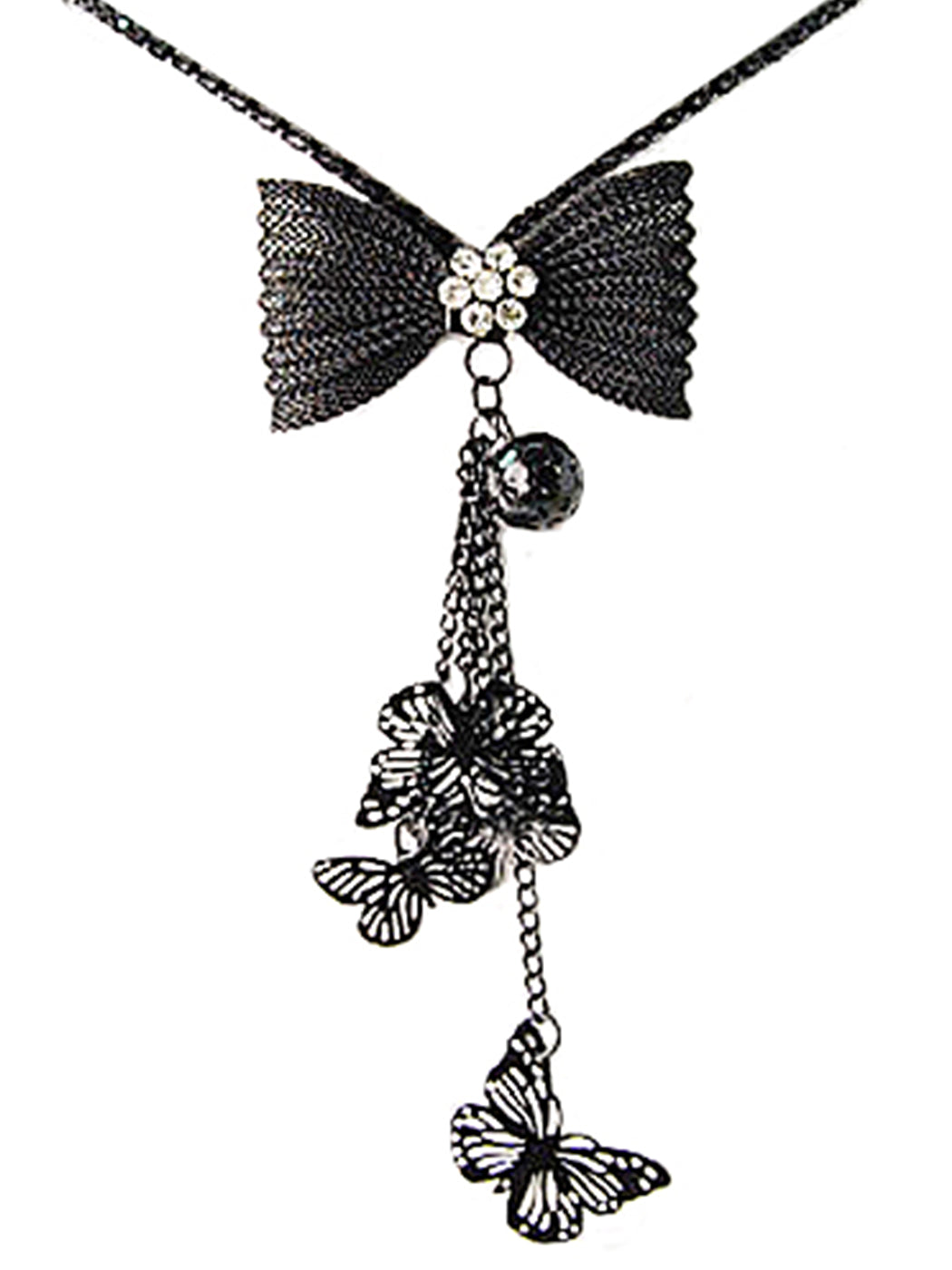 Black Chain Ribbon Present Gift Bow Dangling Butterfly Tassel Necklace