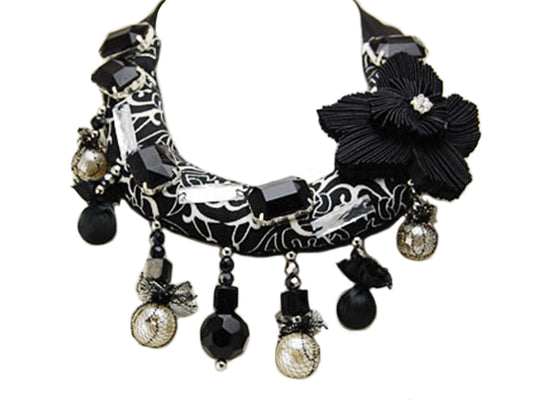 Beautiful Jet Black Dangling Pearl Net Cover Beaded Floral Flower Necklace