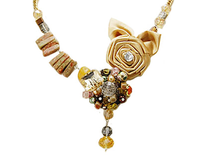Bohemian Art Satin Rose Floral Beaded Clustered Ss Bead Abstract Necklace