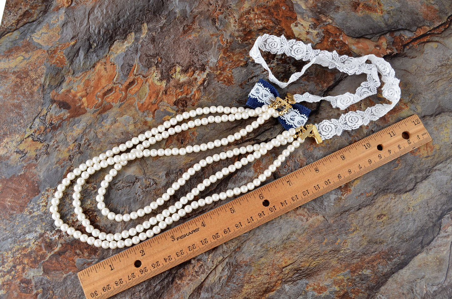 Swarovski Crystal Cream Triple Strand Pearl Bead Lady Like Lace Denim Bow Tie Back Necklace